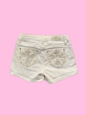 Miss Me White Denim Shorts — Slim Fit with Cross Embroidery — Size W24